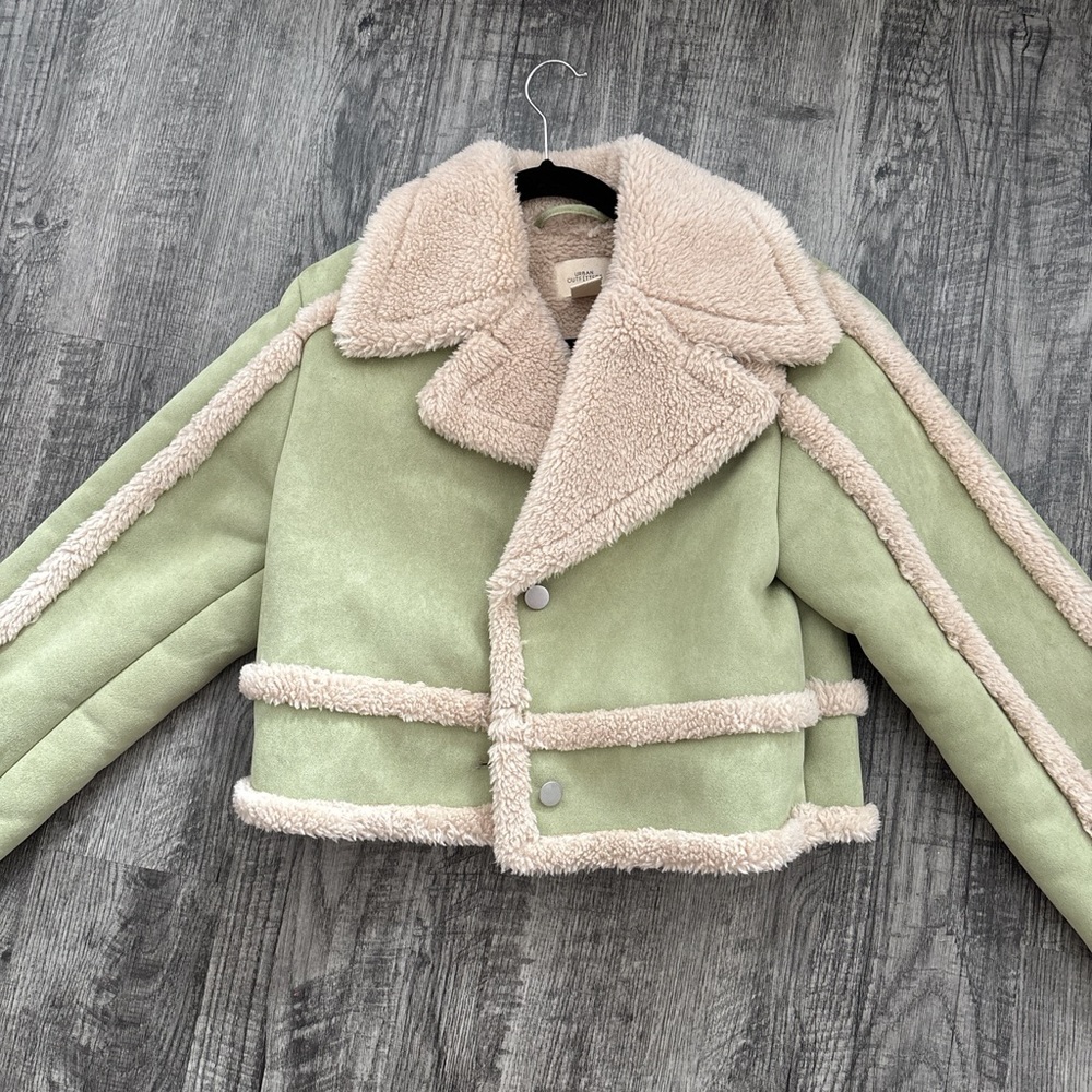 Urban Outfitters Green and Cream Shearling Jacket